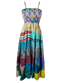  Women Silk Maxi Dress, Multi Blue Summer Dresses, Tiered Beach Maxidress S/M