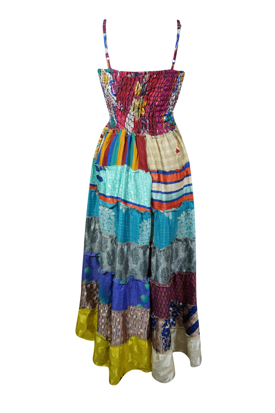 Women Silk Maxi Dress, Multi Blue Summer Dresses, Tiered Beach Maxidress S/M