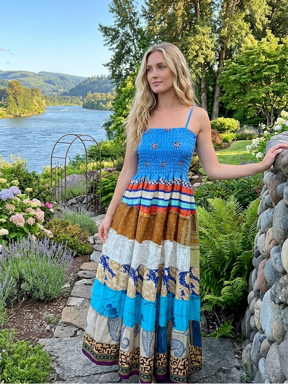boho silk maxi dress Women’s Cobalt Beach dressy occasion wear Ice Blue Duchess Jenny Colors:Navy and special occasions