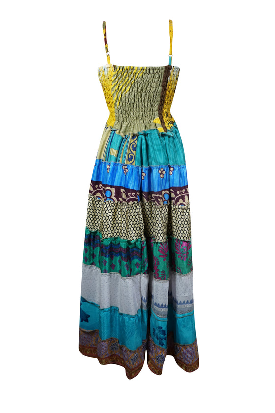 Womens Strappy Sundress, Maxi Dress, Beach Printed Blue Hawaii Recycled Silk Dresses S/M