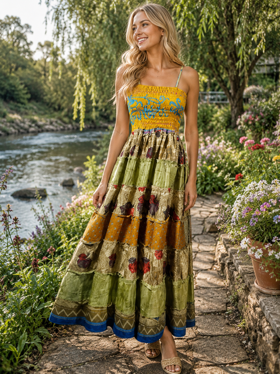 Bohemian Green Gold Strap Dress