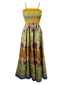  Bohemian Strapdress, Green Gold Printed Empire Waist Flared Faire Dresses