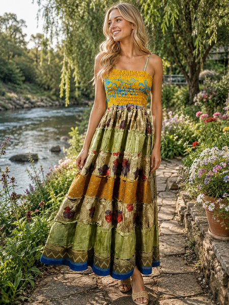 Bohemian Green Gold Strap Dress