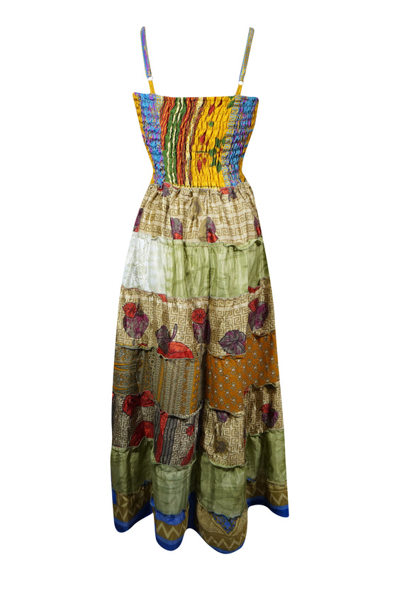 Bohemian Strapdress Green Gold Printed Empire Waist Flared Faire Dresses S/M
