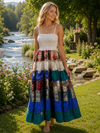 Women’s Navy Blue White Sari Silk Maxi Dress | Boho Evening & Beach Dress S/M