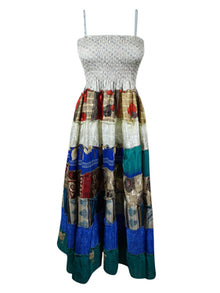  Women Sari Silk Maxi Dress, Navy Blue White Evening Dress, Summer Beach Dress S/M