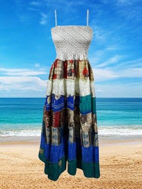 Women Sari Silk Maxi Dress, Navy Blue White Evening Dress, Summer Beach Dress S/M