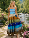 Women’s Sea Blue Maxi Strap Dress | Soft Recycled Sari Printed Boho Dress  S/M