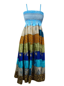  Womens Maxi Strap Dress, Sea Blue Gorgeous Soft Recycle Sari Printed Dresses S/M