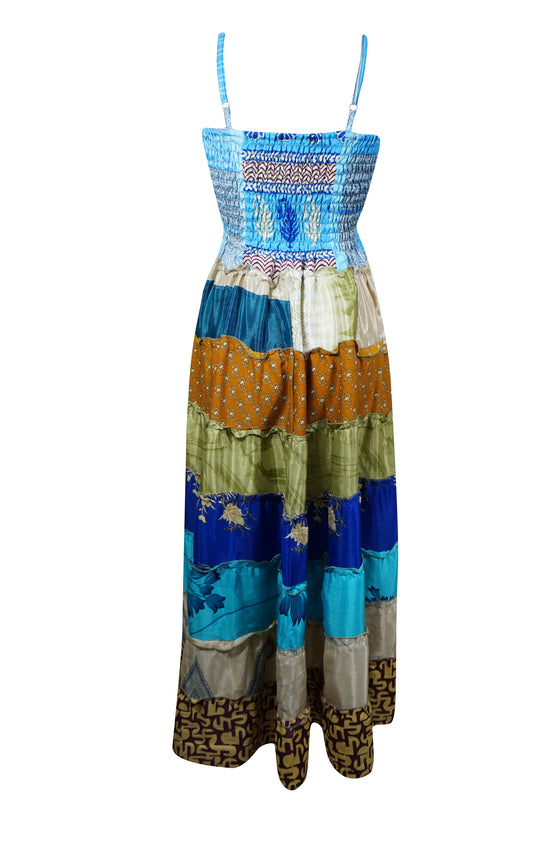 Womens Maxi Strap Dress, Sea Blue Gorgeous Soft Recycle Sari Printed Dresses S/M