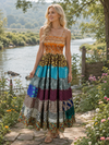 Boho Maxi Dress | Multi Blue Printed Spaghetti Strap Empire Waist Beach Sundress S/M