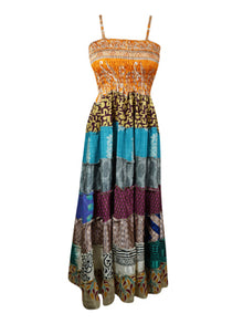  Boho Maxi Dress, Spaghetti Strap Multi Blue Printed Dress, Empire Waist Beach Sundress S/M