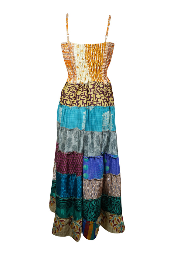 Boho Maxi Dress, Spaghetti Strap Multi Blue Printed Dress, Empire Waist Beach Sundress S/M