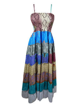 Womens Mauve Tan Recycled Sari Strap Maxi Dress | Soft Boho Beach Dress SM Womens Mauve Tan Recycled Sari Strap Maxi Dress | Soft Boho Beach Dress SM
