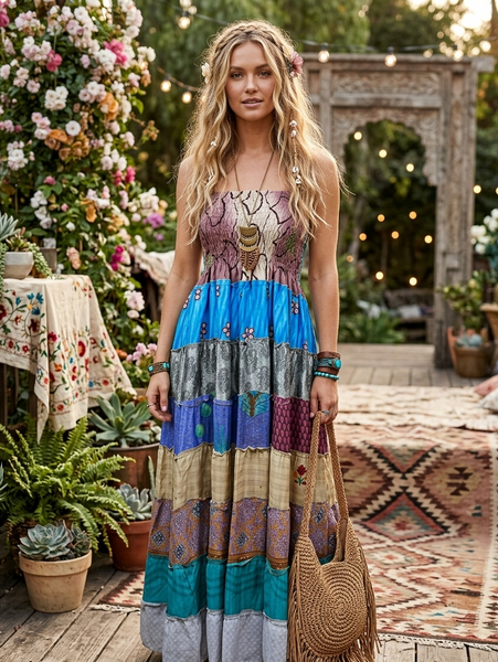 spring boho dresses Women’s Mauve Tan Recycled Sari Strap Maxi Dress Badges_Plus Size Long Sleeve High Neck The halter neckline adds Color:EMERALD
