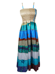  Womens Maxi Dress, Strap Dresses, Gray Blue Summer Gorgeous Recycle Sari Dresses S/M
