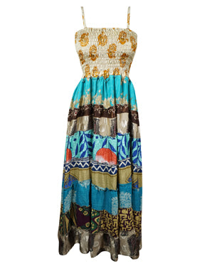 Womens Maxi Strap Dress, Blue Gorgeous Soft Recycle Sari Beach Long Dresses SM