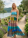 Sea Blue Recycled Silk Maxi Dress for Women | Handmade Summer Boho Dress S/M