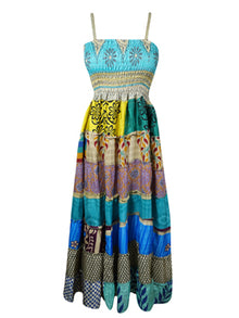  Women Recycle Silk Maxi Dress, Sea Blue Summer Handmade Maxi Dresses S/M