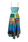 Women Recycle Silk Maxi Dress, Sea Blue Summer Handmade Maxi Dresses S/M
