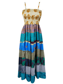  Womens Strap Maxidress, Midsummer Blue Recycle Silk Beach Maxi Dresses