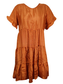  Bohemian Floral Dress, Bright Auburn Recycle Silk Summer Shift Dresses M