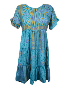  Womens Summer Short Dress, Arctic Blue Floral Print Beach Flowy Dresses M