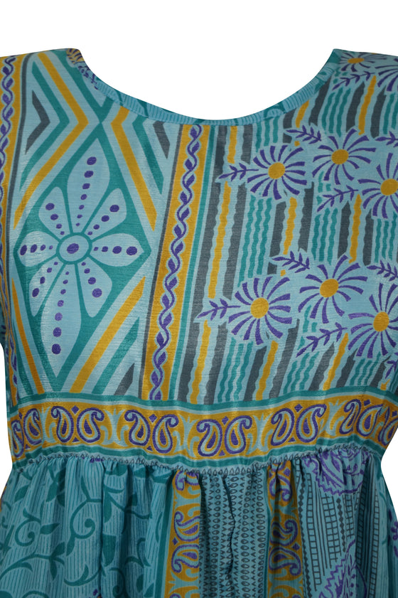 Womens Summer Short Dress, Arctic Blue Floral Print Beach Flowy Dresses M