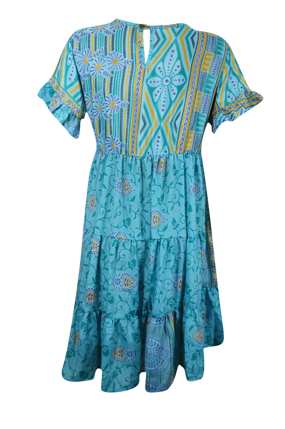 Womens Arctic Blue Floral Print Summer Short Dress Flowy Beach Boho Dress M Womens Arctic Blue Floral Print Summer Short Dress Flowy Beach Boho Dress M