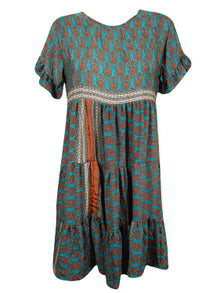  Women Summer Short Dress, Blue-brown Loose Boho Shift Dresses M