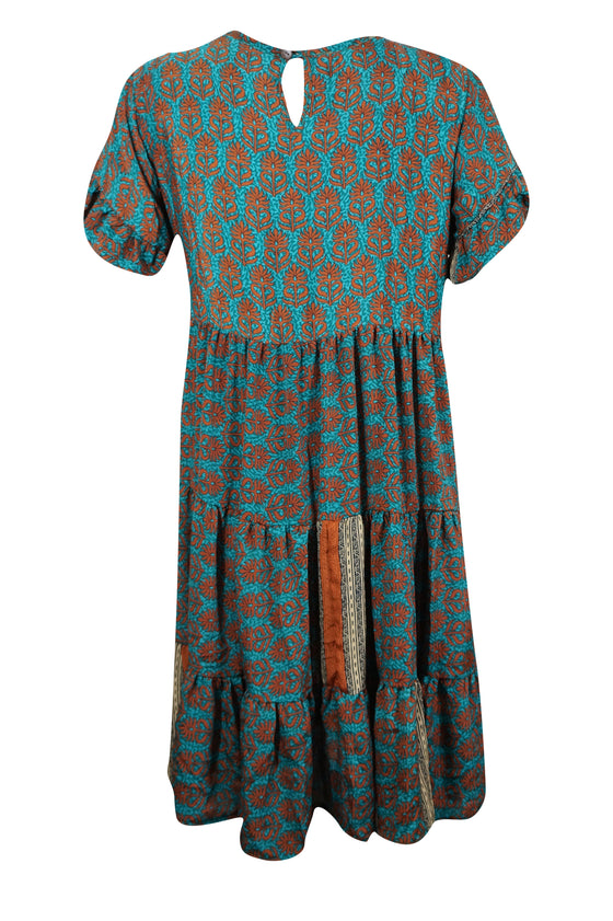 Women Summer Short Dress, Blue-brown Loose Boho Shift Dresses M