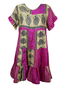  Womens Short Summer Dress, fuchsia Soft Recycle Silk Casual Tiered Dresses M