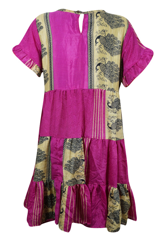 Womens Short Summer Dress, fuchsia Soft Recycle Silk Casual Tiered Dresses M