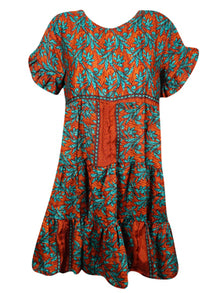  Women Tiered Beach Sundress, spiced red Blue Floral Print Summer Short Dresses M