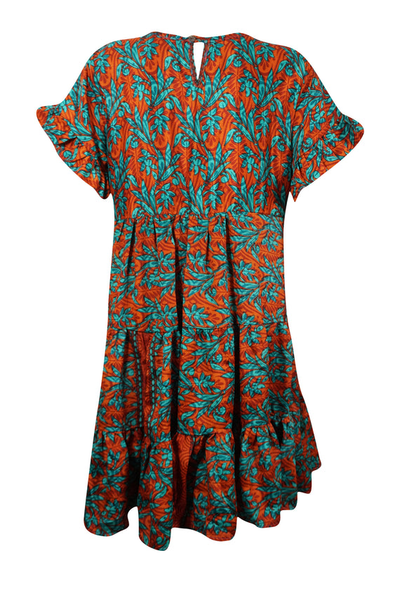 Women Tiered Beach Sundress, spiced red Blue Floral Print Summer Short Dresses M