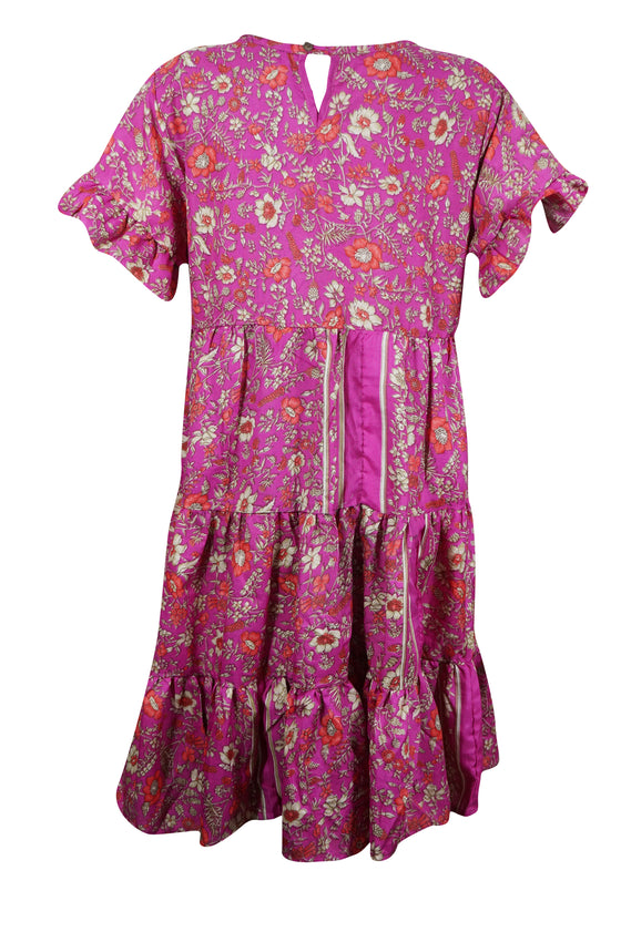 Resort Cocktail Dress, vibrant magenta Printed Gorgeous Recycle Sari Dresses M