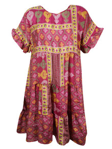  Bohemian Floral Dress, Creamy Fuschia Recycle Silk Summer Shift Dresses M