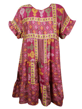 Bohemian Floral Dress, Creamy Fuschia Recycle Silk Summer Shift Dresses