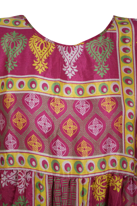 Bohemian Floral Dress, Creamy Fuschia Recycle Silk Summer Shift Dresses M
