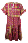 Bohemian Floral Dress, Creamy Fuschia Recycle Silk Summer Shift Dresses M