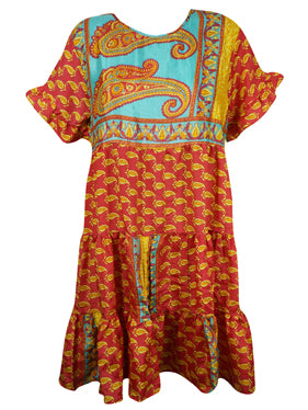 Women Tiered Beach Sundress, Tangerine Red Floral Print Summer Short Dresses M