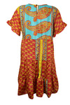Women Tiered Beach Sundress, Tangerine Red Floral Print Summer Short Dresses M
