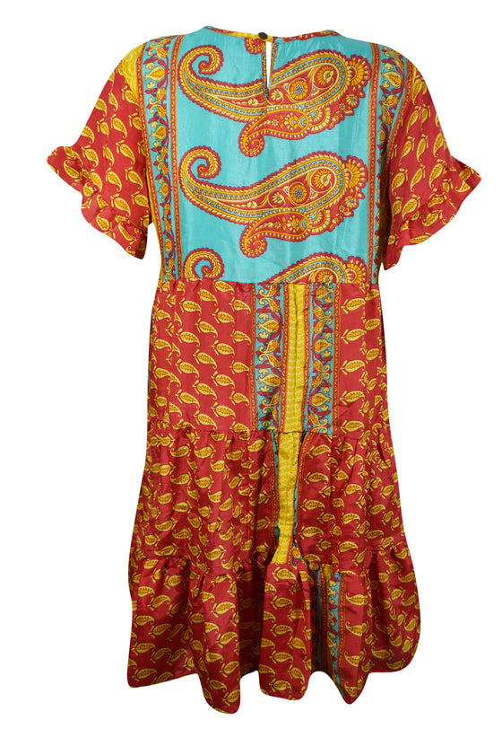 Women Tiered Beach Sundress, Tangerine Red Floral Print Summer Short Dresses M