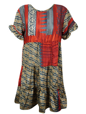 Terracotta Red Boho Summer Dress – Loose Recycled Silk Beach Shift Dress M