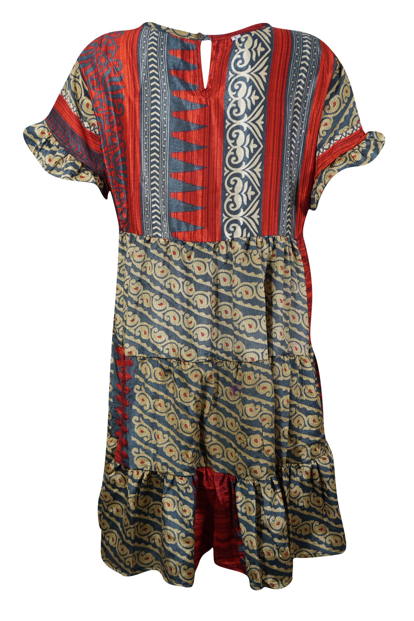 Terracotta Red Boho Summer Dress – Loose Recycled Silk Beach Shift Dress M