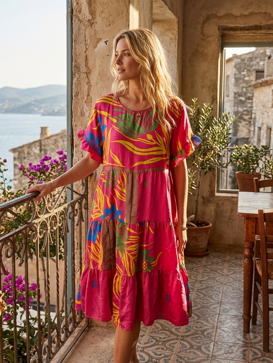 Bohemian Coral Beach Coverup Dress – Women’s Summer Shift Mini Dress M
