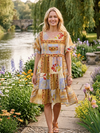 Beige Floral Red Printed Resort Dress | Recycled Sari Short Dress  M