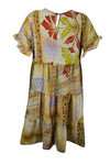 Resort Cocktail Dress, Beige Floral Red Printed Gorgeous Recycle Sari Short Dresses M