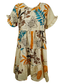  Boho Cocktail Dress, Beige Floral Printed Recycle Silk Summer Dresses M