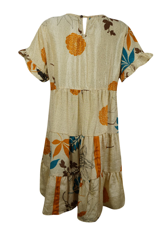 Boho Cocktail Dress, Beige Floral Printed Recycle Silk Summer Dresses M